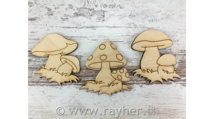 Leseni okraski, gobice, 6 cm, set 3