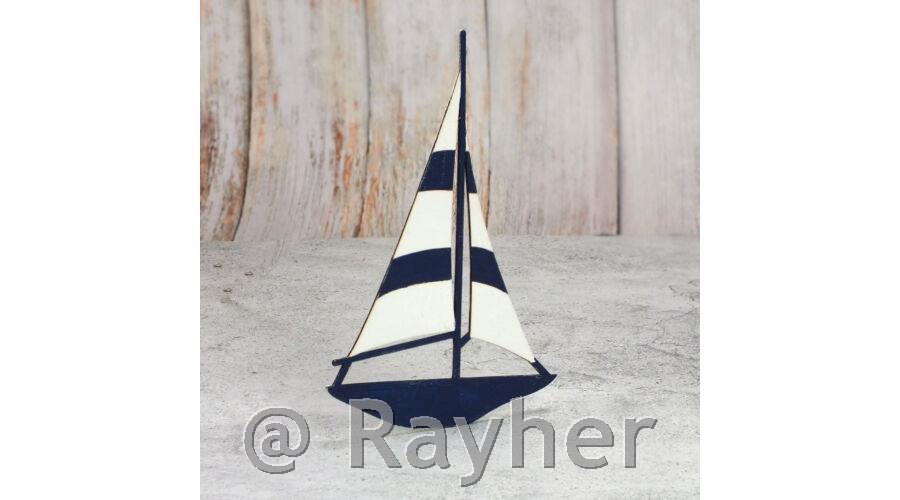 Barca a vela in legno, 15cm, bianca e blu