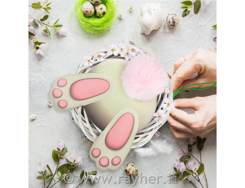 Decorazione in legno, Coniglietto con pon rosa chiaro