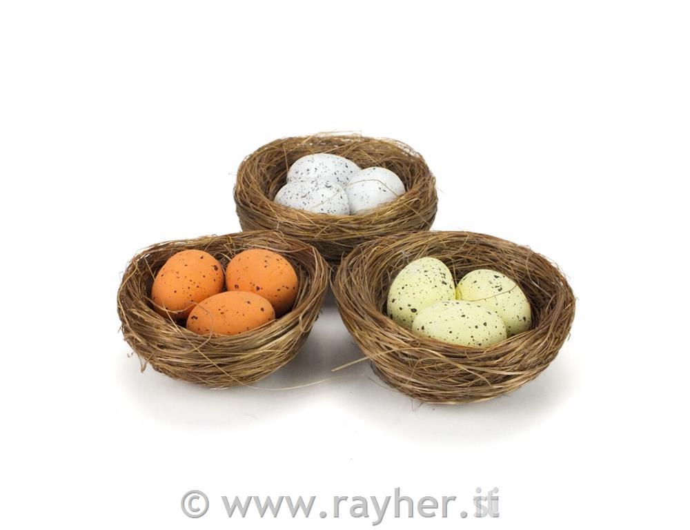 Nidi con uova, set di 3, bianco, giallo,arancio
