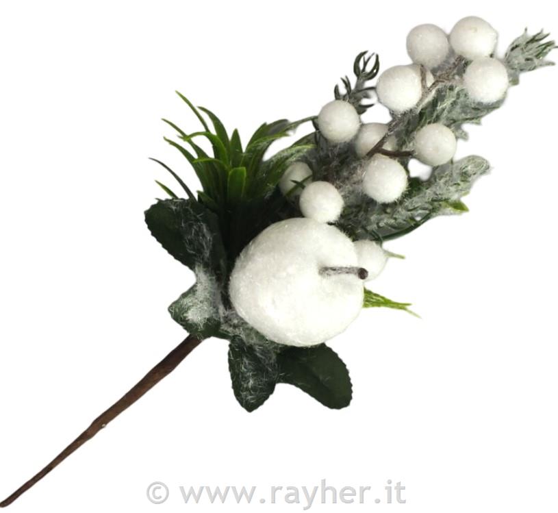 Zasnežena vejica z belimi bunkicami in jabolkom, 25cm