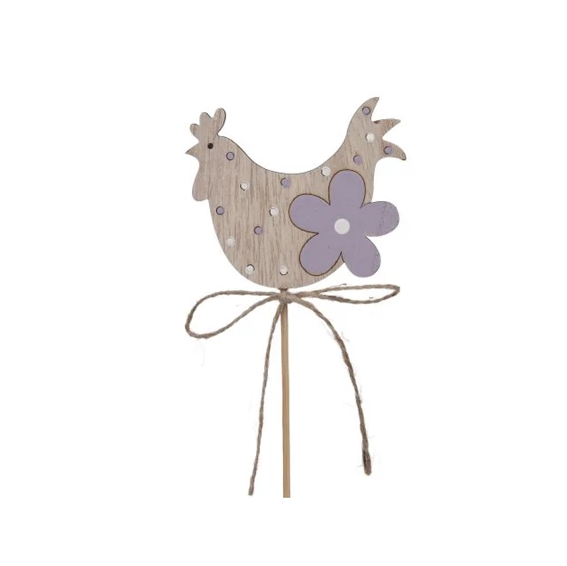 Gallina in legno con fiore su bastoncino, 7,5x6 cm