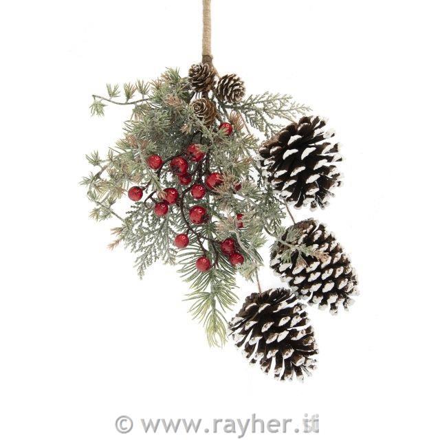 Zasnežena veja s storži in rdečimi bunkicami 40cm