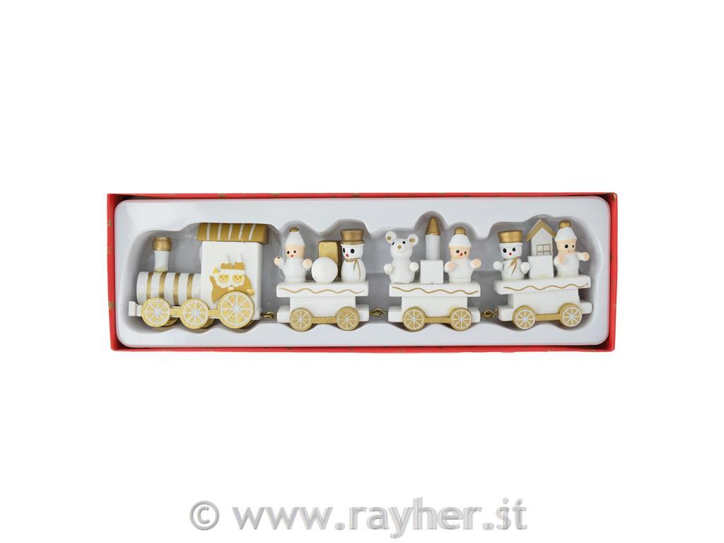 Vlak z božičnimi figuricami, lesen, 22,7cm, zlat, bel