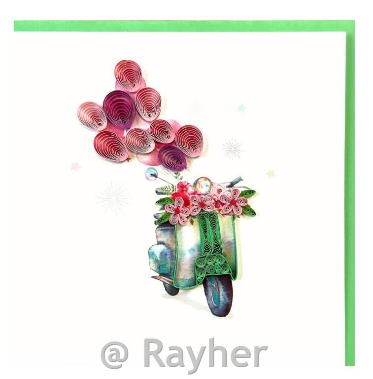 Biglietto d’auguri Petit Pétales, Fiorie palloncini sullo scooter+busta