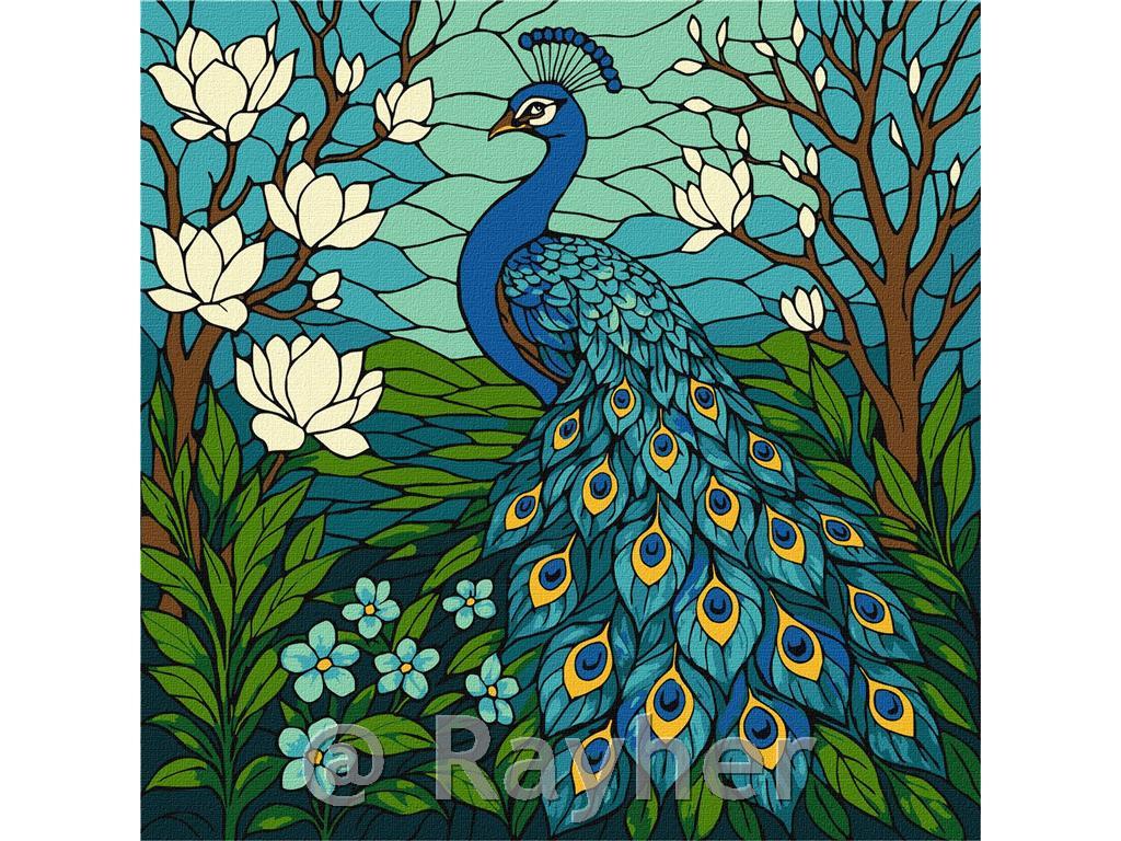 Dipingere con i numeri, Stained glass window Peacock in Magnolia, 30x30 cm