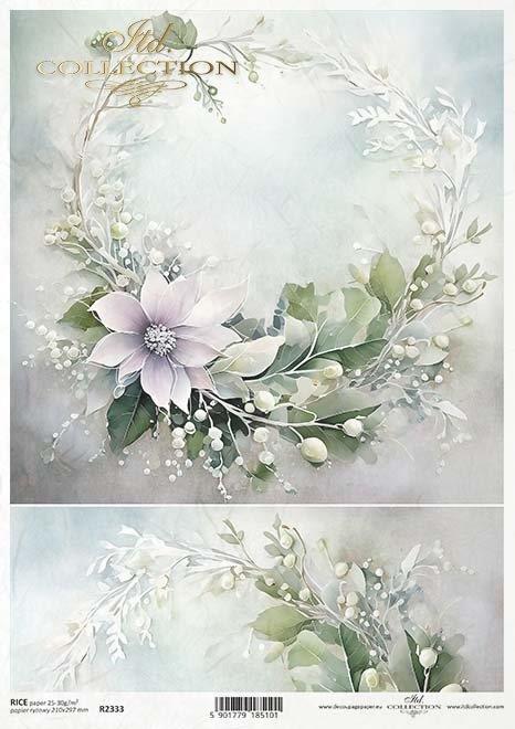 Decoupage papir, rižev A4, Cvet v vencu