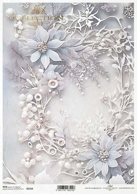 Decoupage papir, rižev A4, Bela cvetova