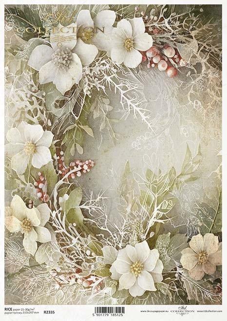 Decoupage papir, rižev A4, Belo cvetje zeleni listi