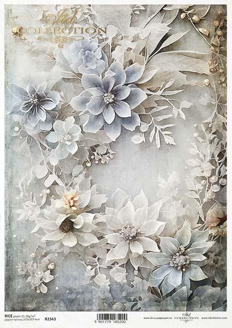 CARTA DI RISO PER DECOUPAGE A4, FIORI BIANCHI