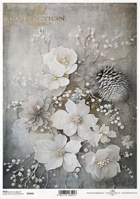 CARTA DI RISO PER DECOUPAGE A4, FIORI BIANCHI