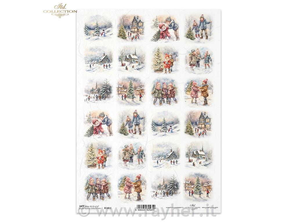 Decoupage papir, rižev A4, Božične scene, 24 motivov