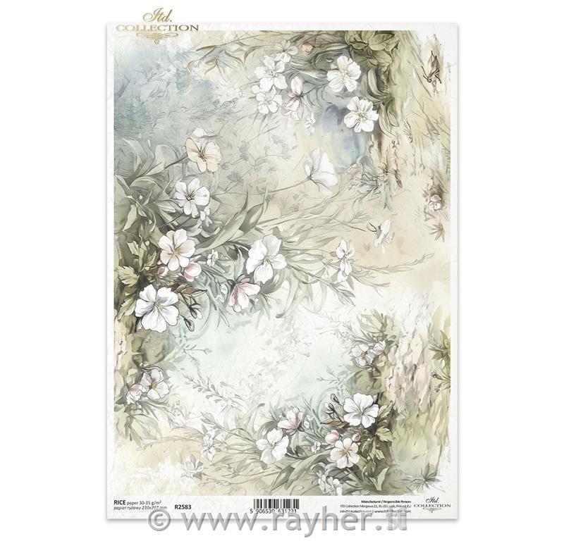 CARTA DI RISO PER DECOUPAGE A4,Fiori bianchi