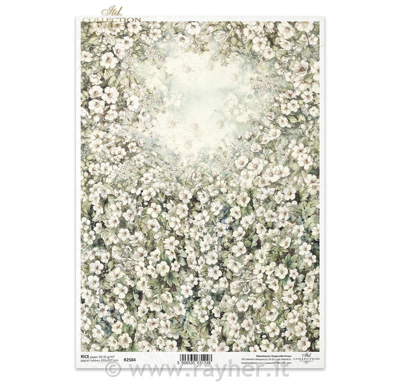 CARTA DI RISO PER DECOUPAGE A4,Piccoli fiori bianchi
