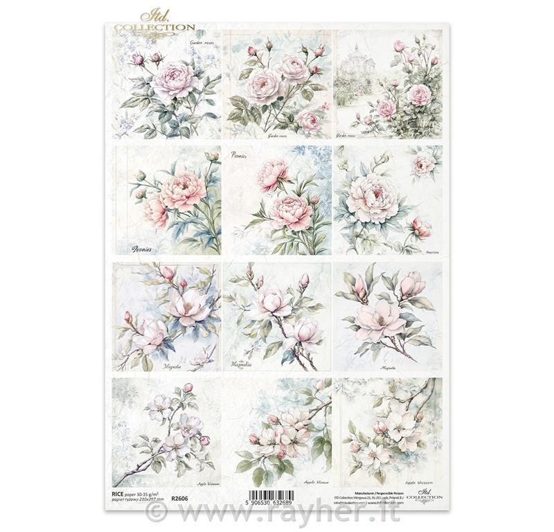 CARTA DI RISO PER DECOUPAGE A4,Rose e fiori