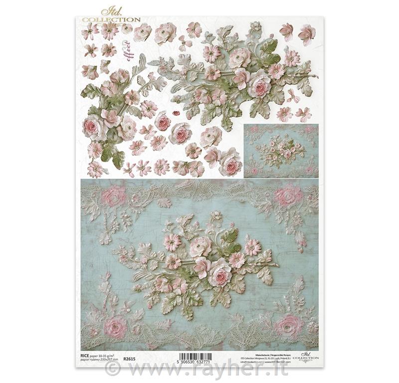 CARTA DI RISO PER DECOUPAGE A4,Fiori barocchi