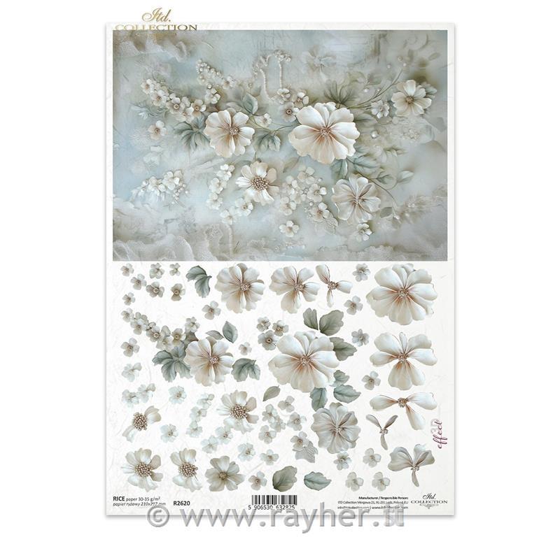 Decoupage papir, rižev A4, Baročno cvetje III