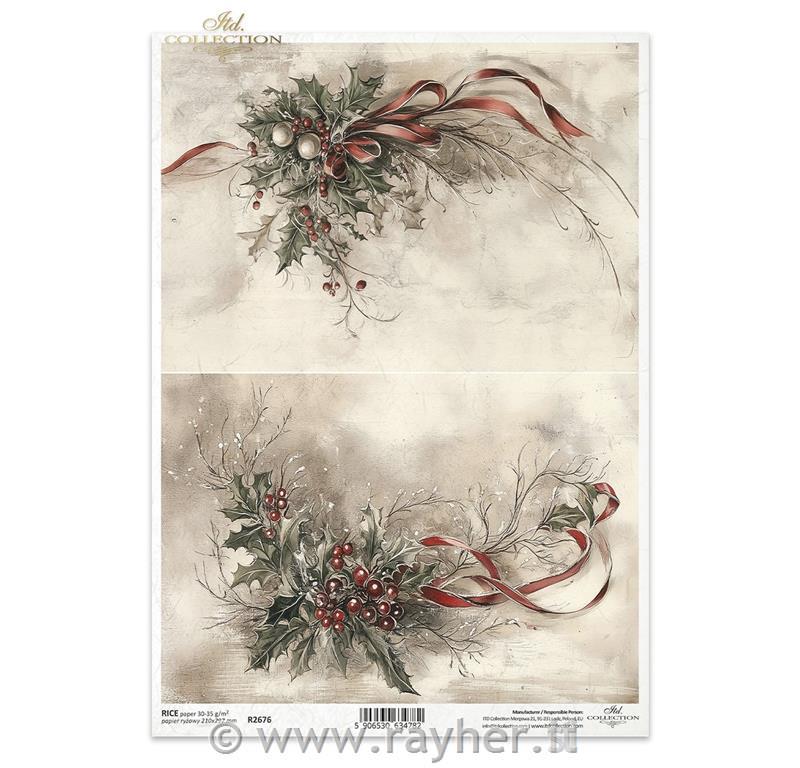 Decoupage papir, rižev A4, Šopka omela in jagodičevja