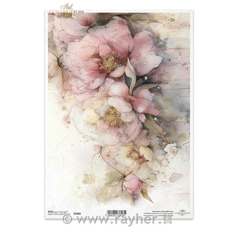 CARTA DI RISO PER DECOUPAGE A4,Fiori grandi