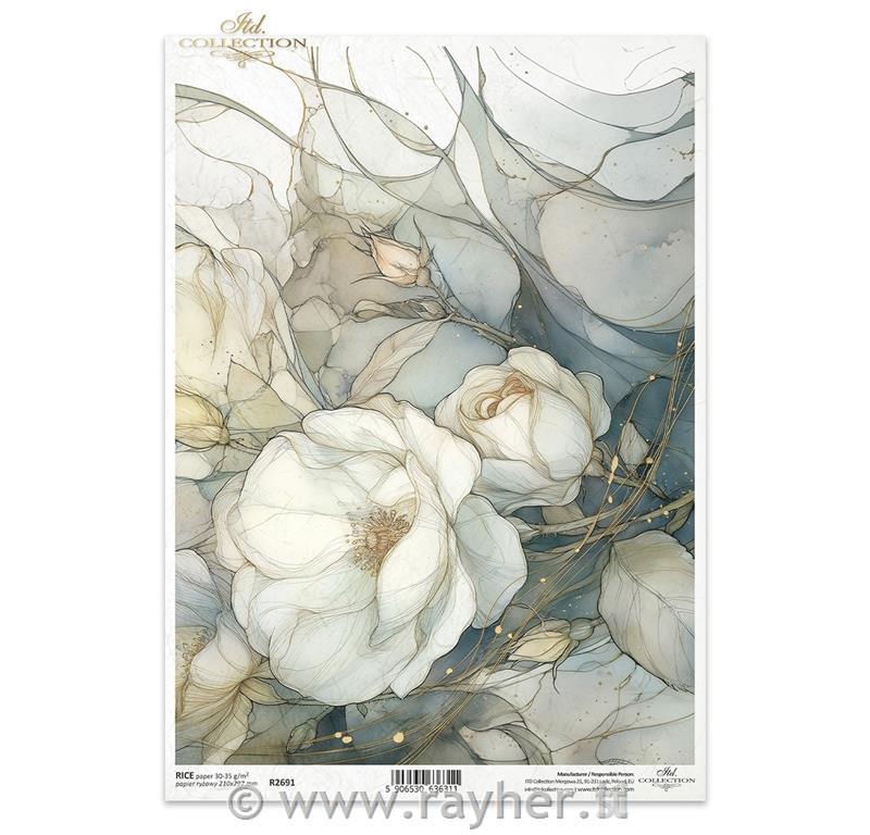 Decoupage papir, rižev A4, Bela vrtnica