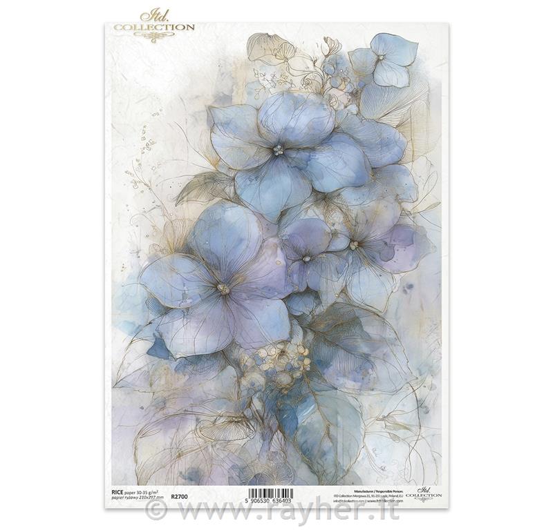 CARTA DI RISO PER DECOUPAGE A4,Fiori blu