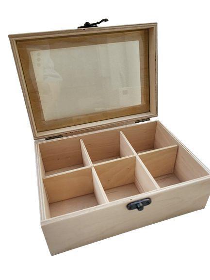 Škatla za čaj, 6 razdelkov, stekleni pokrov