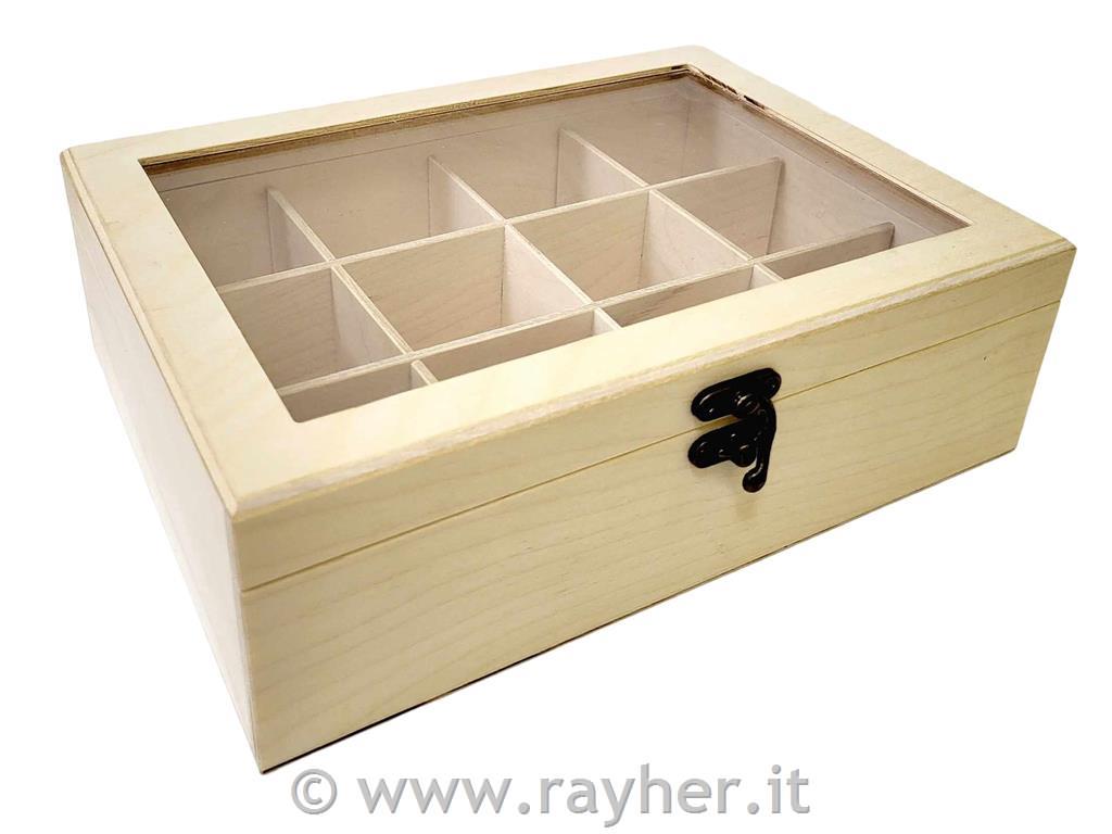 Škatla za čaj s steklenim pokrovom, 12 razdelkov