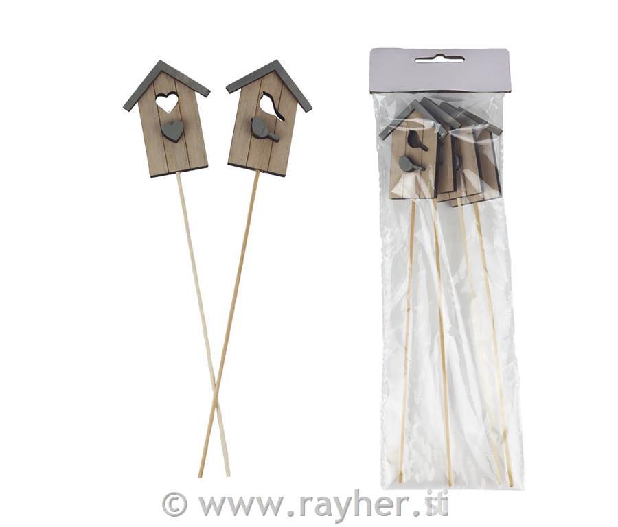 Casetta per uccelli in legno su bastoncino