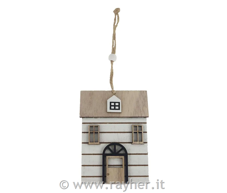 Lesena hišica z vrvico, natur-bela, 11cm