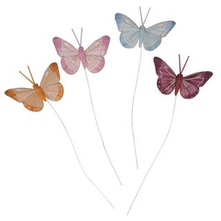 Farfalle di piume6,5cm, c. fil di ferro, 4 colori, bus.blcolori misti
