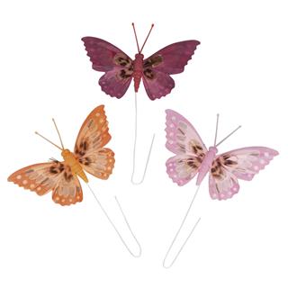 Farfalle di piume10cm, c. fil di ferro, 3 colori, bus.blicolori misti